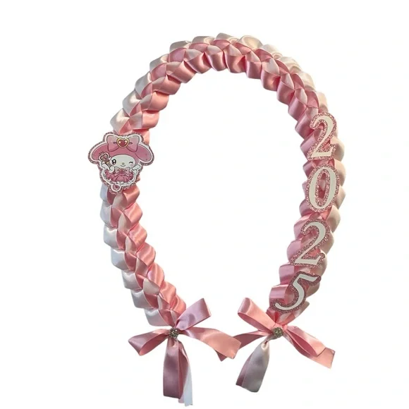 Graduation Lei for kindergartners pink and white ribbon featuring Melody - Picture 1 of 4
